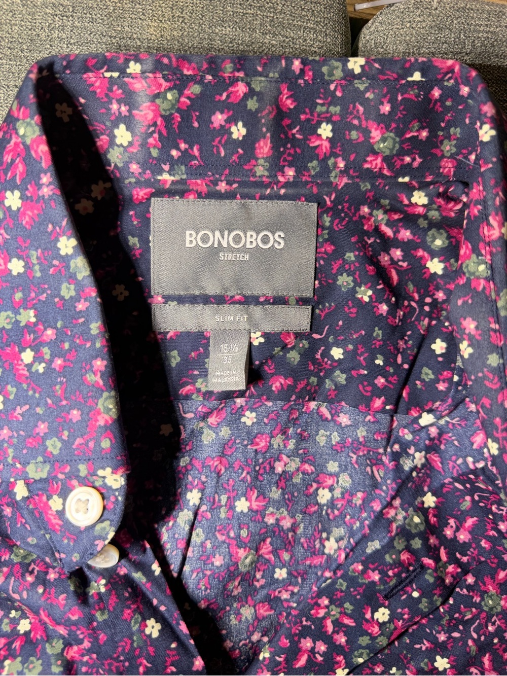 Bonobos Navy Floral Stretch Button-Up Shirt with Pink Accents